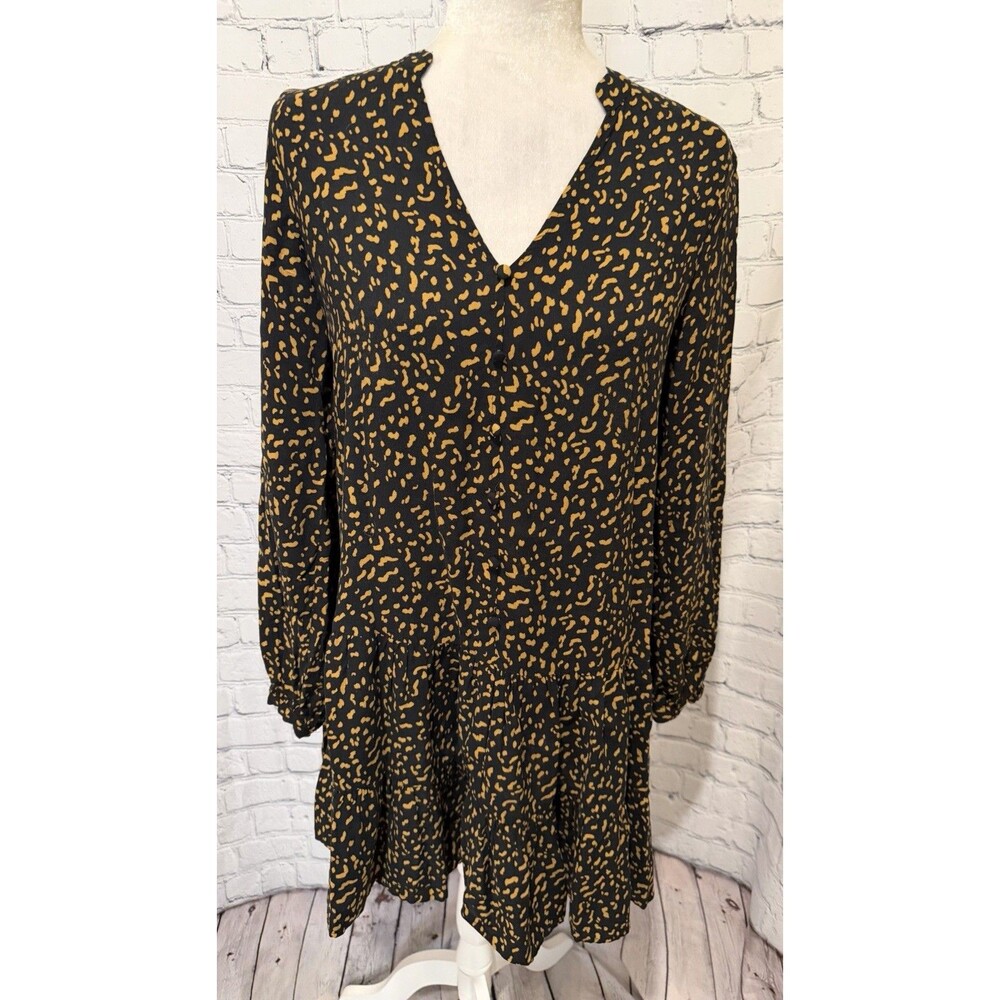 Nine West Dress Women's Long Sleeve Tiered Black Brown Print Rayon Size Small